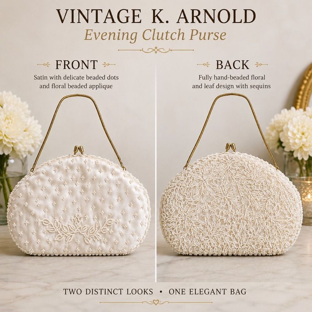 Vintage K. Arnold White Beaded Satin Evening Bag Floral Bridal Clutch Gold Chain
